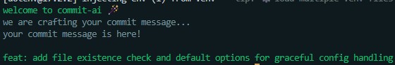 Example image that shows how commit-ai was used to generate a commit message in the terminal